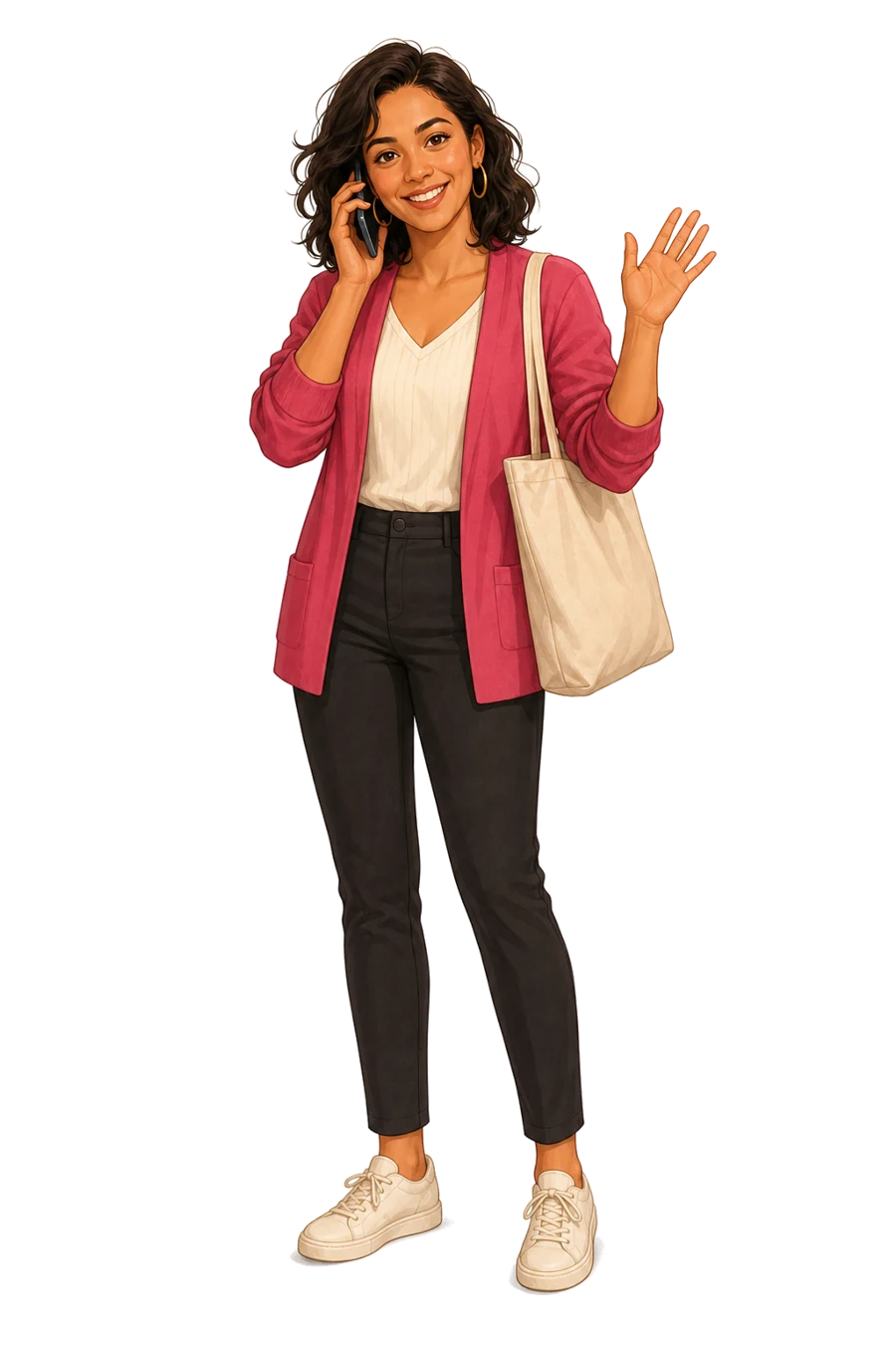 Melanie, the Montreal Reception character, in an orange hoodie, on the phone and waving
