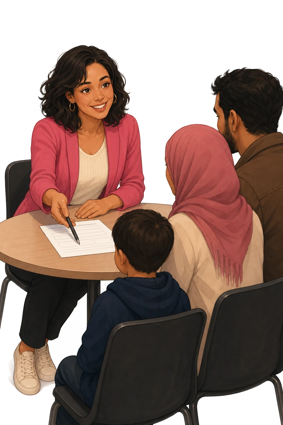 Melanie at a community-centre table, sliding a form across to a newcomer family